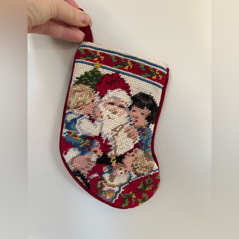 Mini vintage Christmas needlepoint stocking